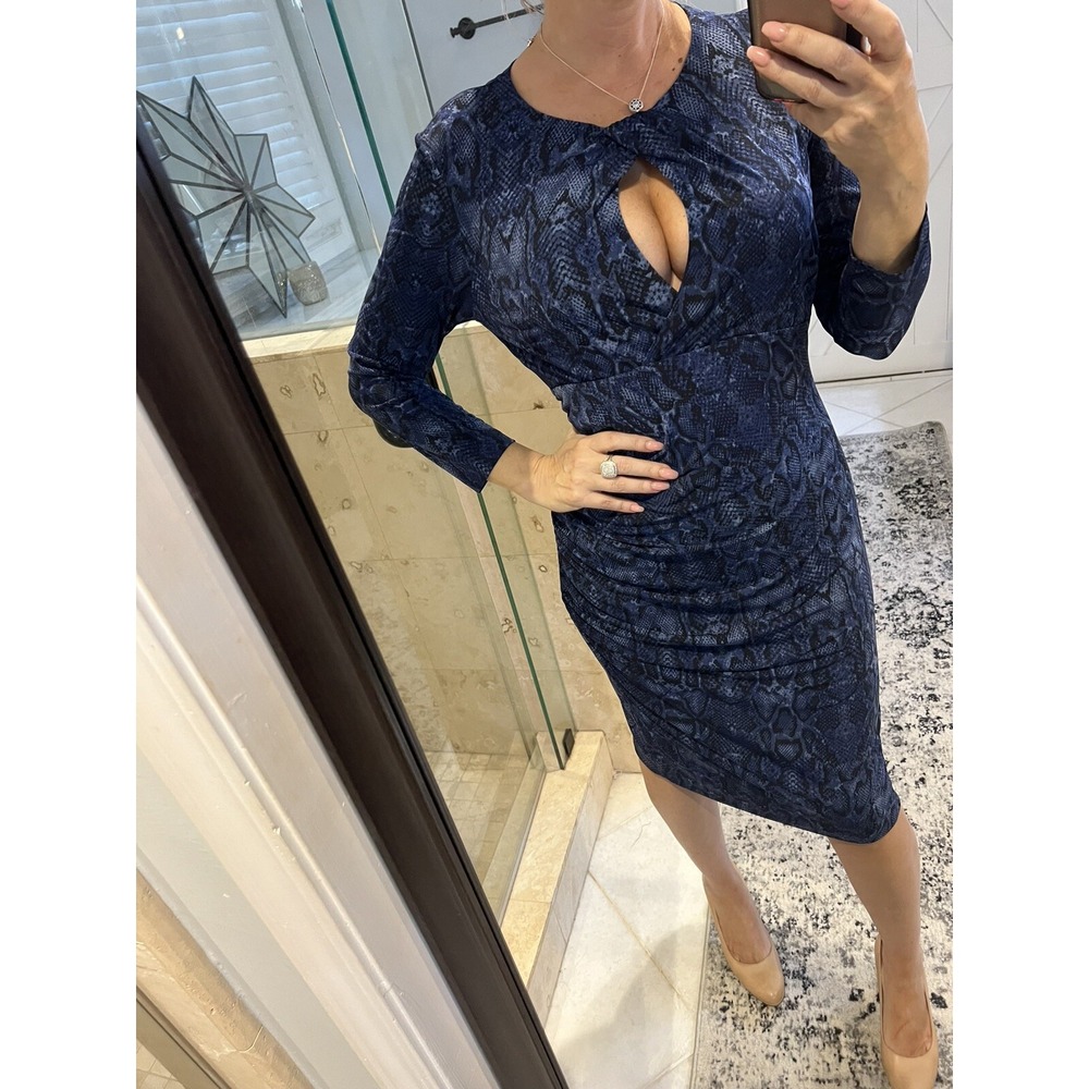 CACHE Women’s Bodycon  S Black Blue Animal Cutout neck Sheath Dress Jersey